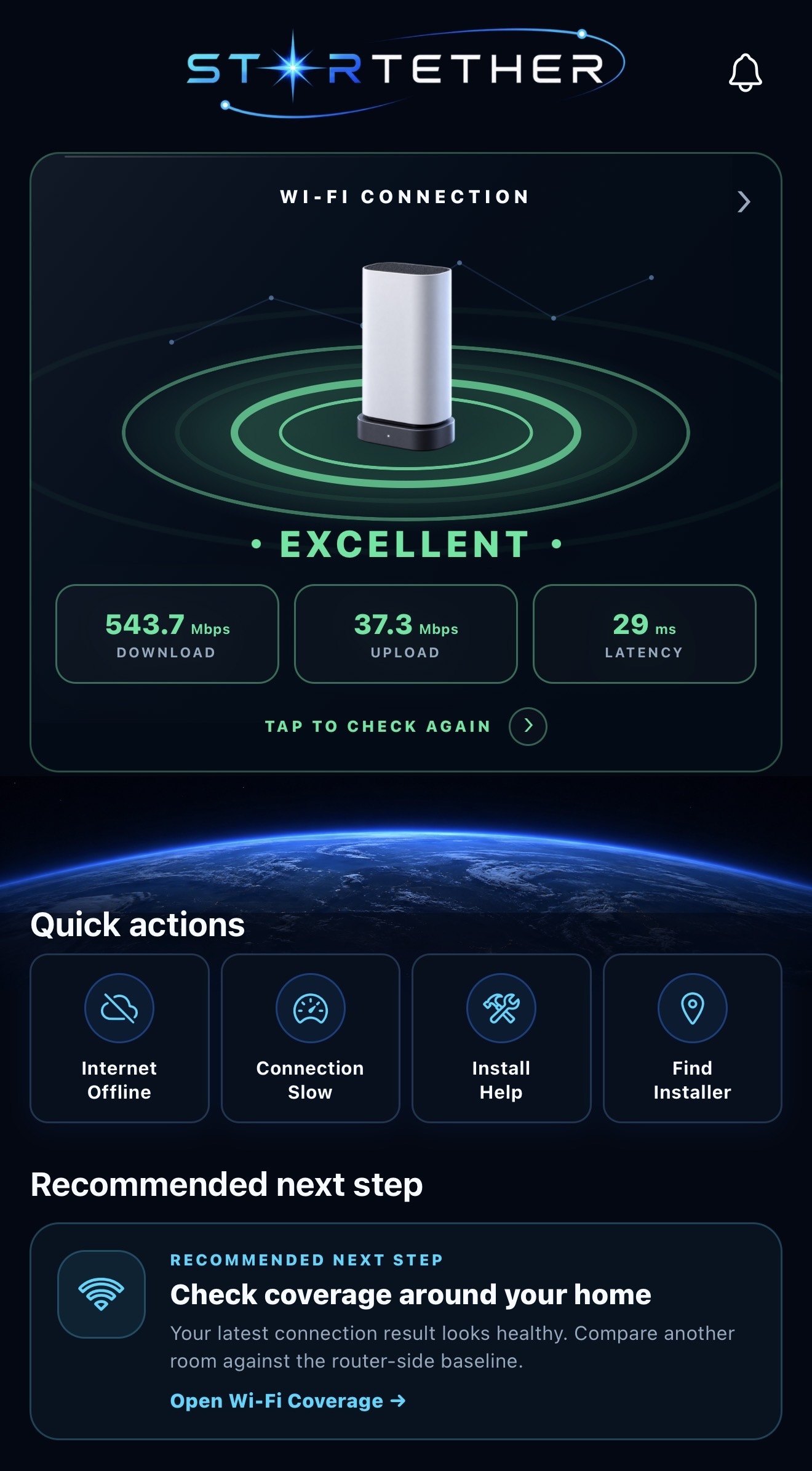 Current StarTether System Health home screen