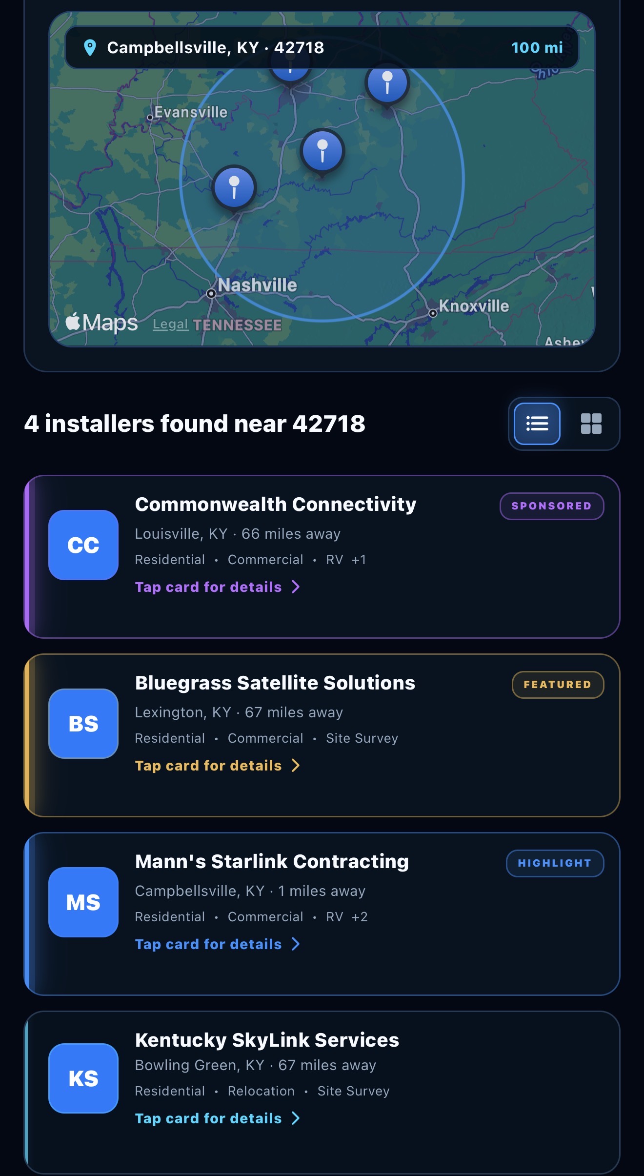 StarTether installer directory result cards